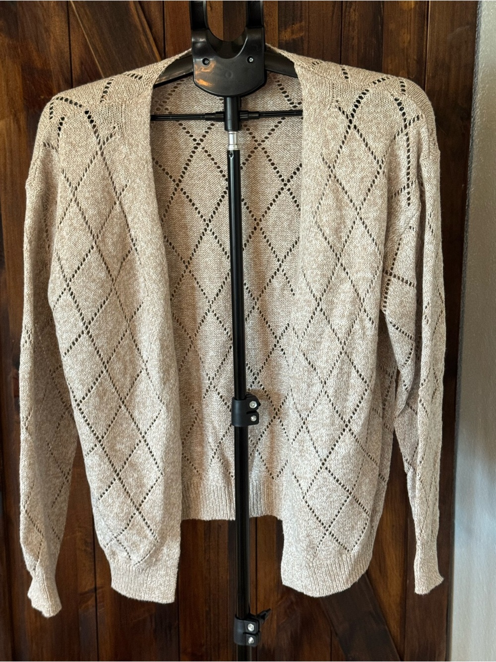 SHEIN Light Beige Open Front Diamond Eyelet Cardigan